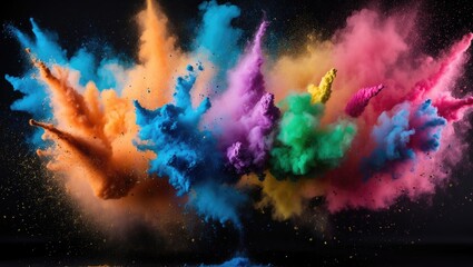 Naklejka premium Colored powder explosion on black background creating vibrant abstract cloud of color in motion with fine particles dispersing across the scene