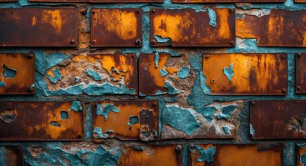 Rusty and weathered metal plates on a textured brick wall with peeling blue paint and orange rust patterns