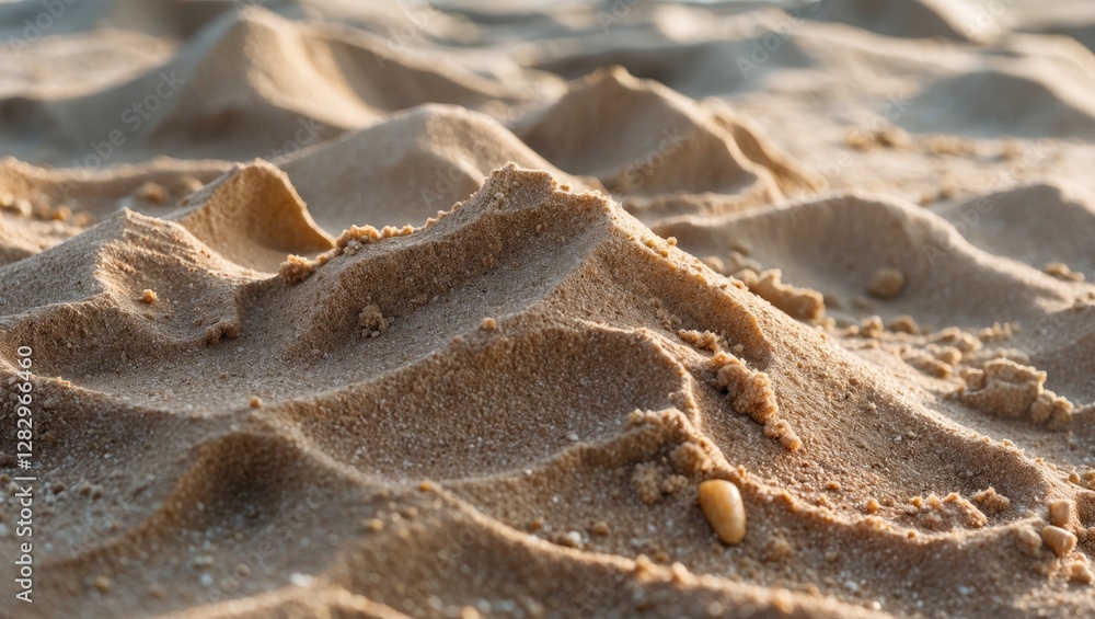 Poster close-up view of textured sand dunes with soft ripples and small particles illuminated by natural li