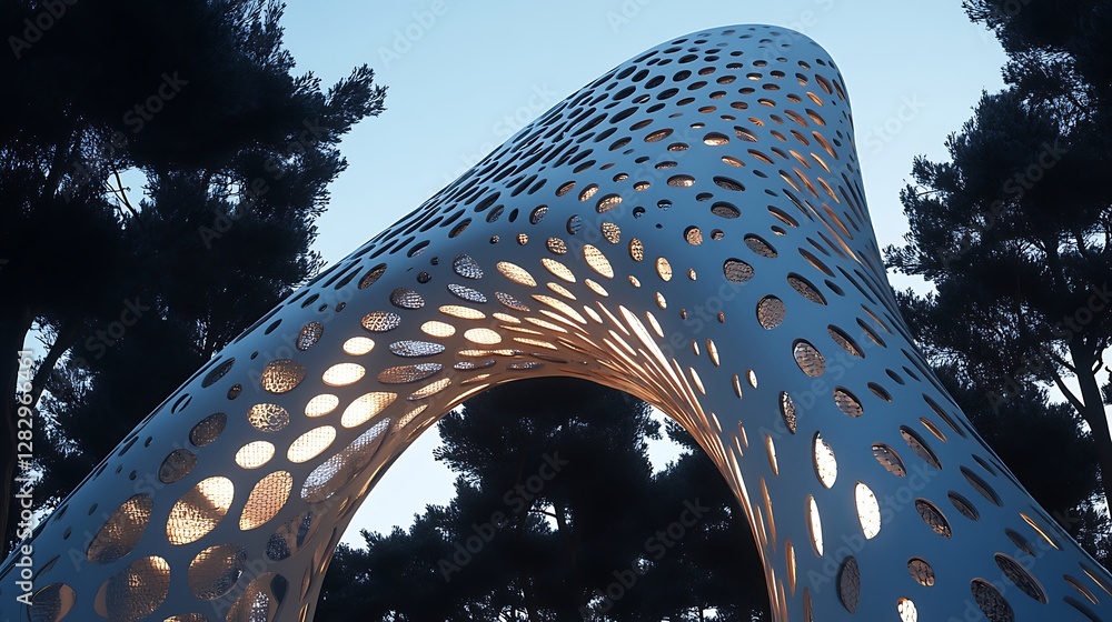 Poster Architectural Structure with Perforated Surface and Surrounding Trees Displayed