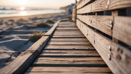 Fototapeta premium Wooden boardwalk leading to the beach at sunset with gentle waves and soft sand in the background