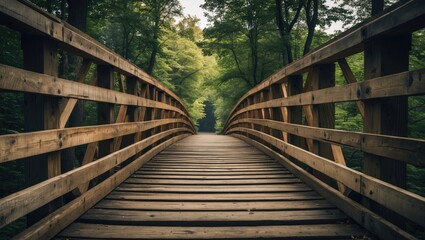 Wooden footbridge in a forest pathway surrounded by lush green trees and natural sunlight filtering through foliage