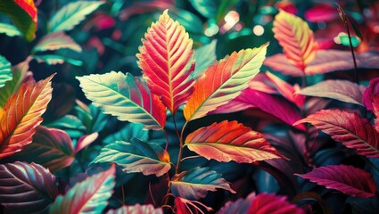 Vibrant red and green tropical leaves in natural setting with soft focus and dramatic lighting effects