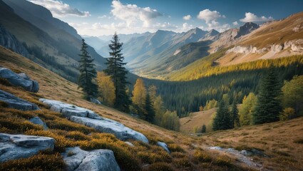 Fototapeta premium Mountain valley landscape with rocky foreground and evergreen trees under a cloudy sky during autumn season
