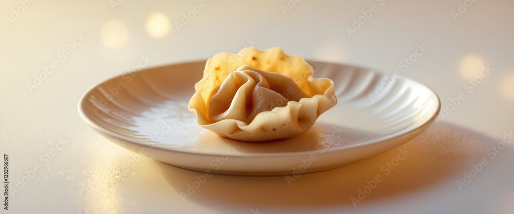 Poster steamed dumpling on a white plate with soft lighting and blurred background creating a warm atmosphe
