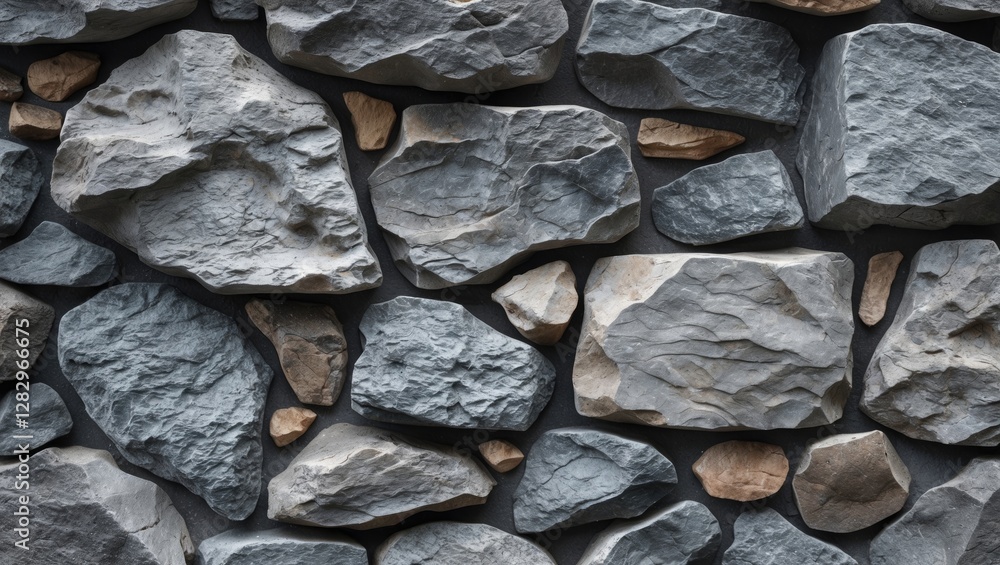 Poster gray stone wall texture with various shapes and sizes of stones arranged in a natural pattern.