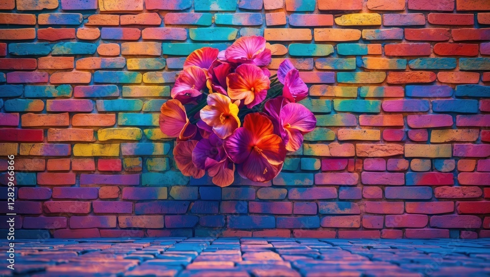 Poster vibrant brick wall with colorful flowers creating a striking artistic background for creative projec