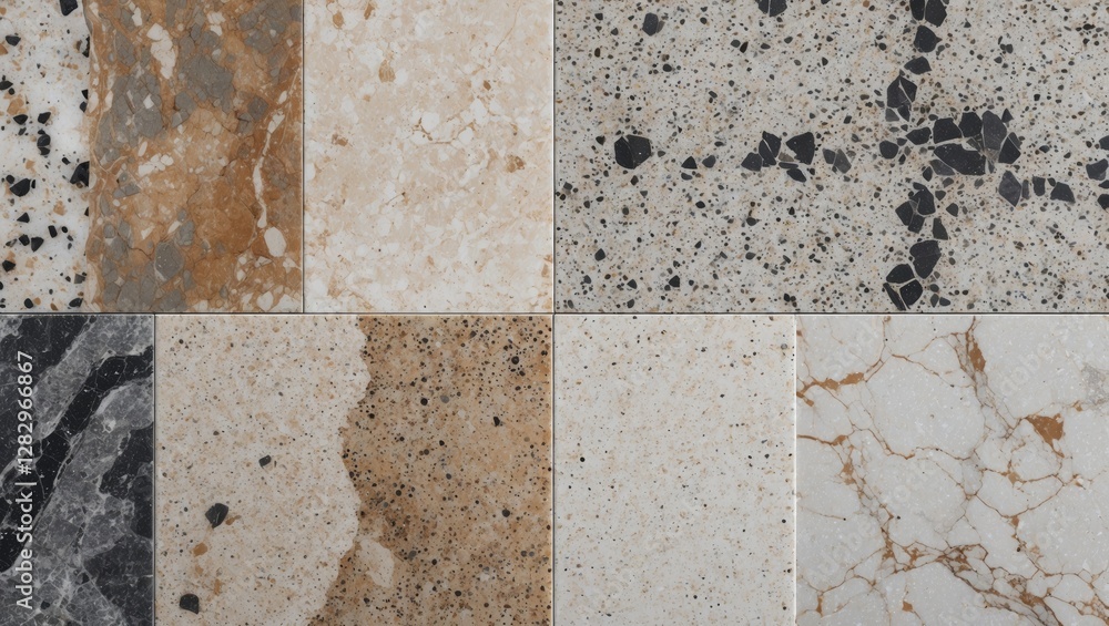 Poster various textures and colors of marble and granite tiles arranged in a grid pattern featuring diverse