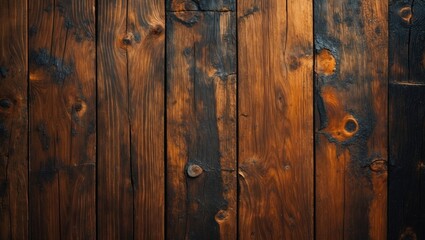 Fototapeta premium Textured wooden planks background with varying shades of brown and black wood grain patterns