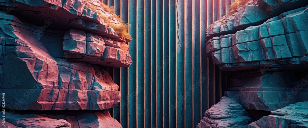 Poster abstract landscape with colorful rock formations and vertical lines in the background, illuminated b