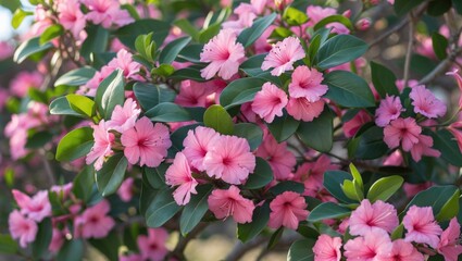 Pink double flowers on a green shrub with glossy leaves in a natural outdoor setting during daylight.