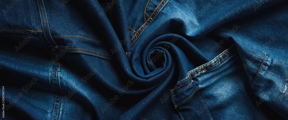 Poster blue denim fabric twisted in a circular motion showcasing texture and details of the material in hig