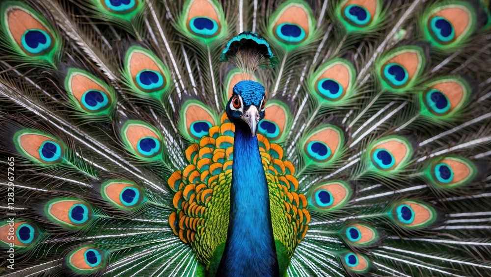 Poster colorful peacock displaying vibrant tail feathers in a natural setting with intricate patterns and r