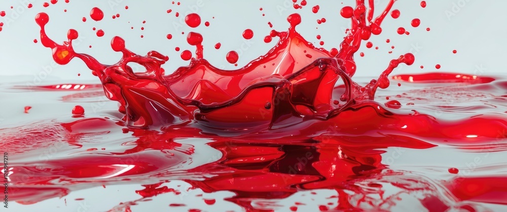 Poster red liquid splash with droplets and reflections in water surface creating dynamic motion and vibrant