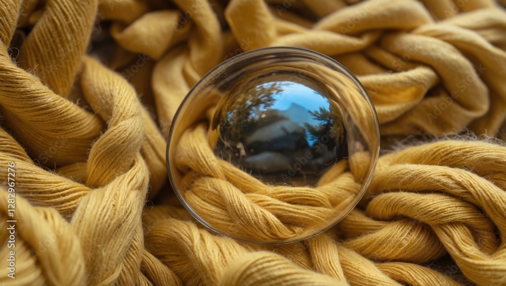 Poster glass orb resting on twisted yellow yarn, reflecting the surrounding environment and creating a visu