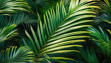 Tropical palm leaves with varying shades of green in a dense foliage background