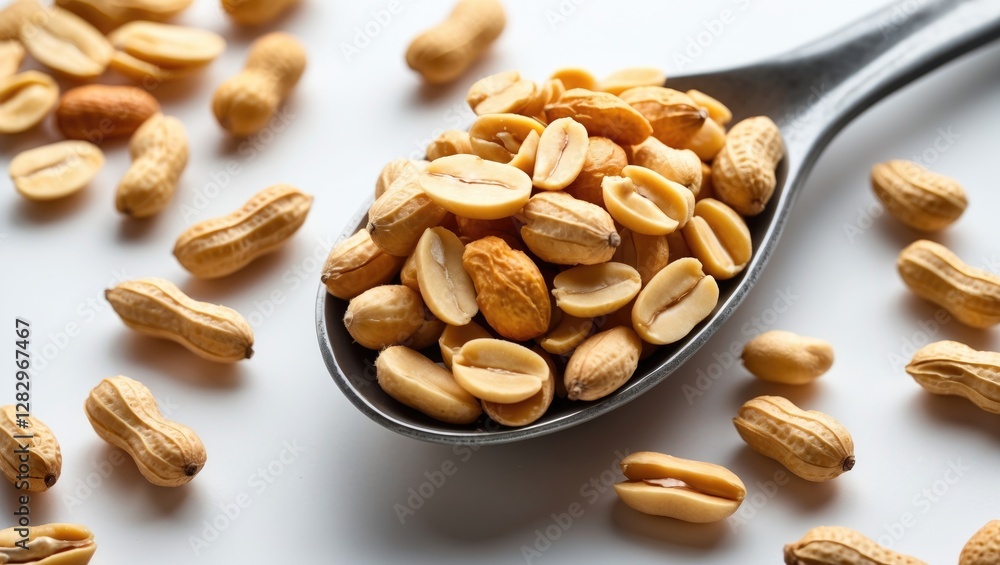 Poster peanuts in shell and shelled laid on a spoon with scattered peanuts on a white background