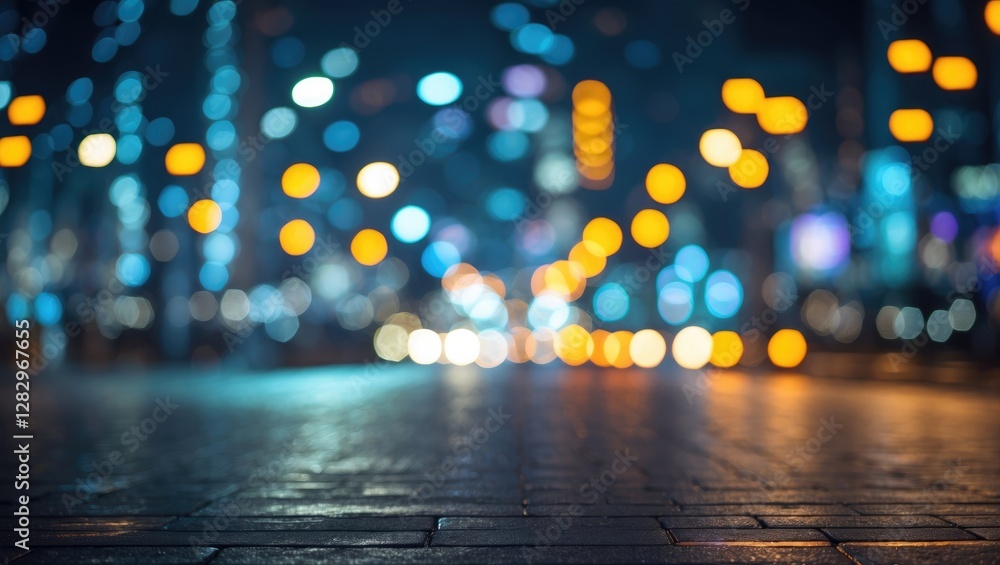 Poster urban night scene with blurred bokeh lights and wet pavement creating an atmospheric effect in a cit