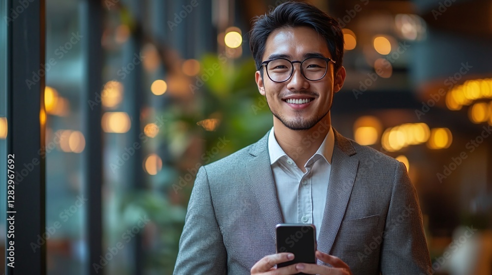 Poster happy corporate employee in workplace using smartphone for messaging and digital communication check
