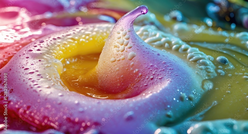 Canvas Prints colorful abstract close-up of liquid with bubbles and drop forming in vibrant tones.