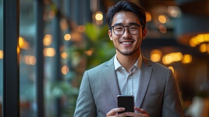 happy corporate employee in workplace using smartphone for messaging and digital communication...