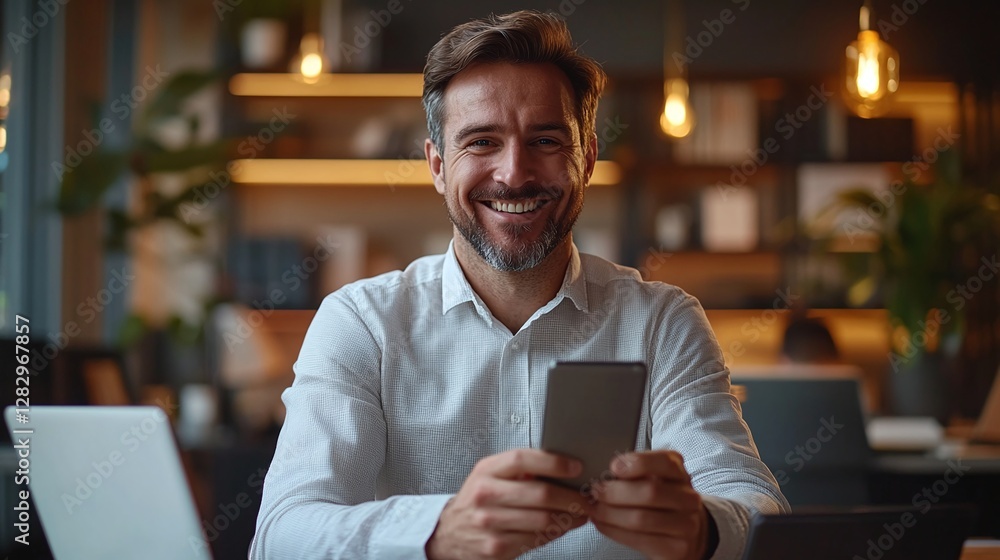 Poster happy corporate employee in workplace using smartphone for messaging and digital communication check