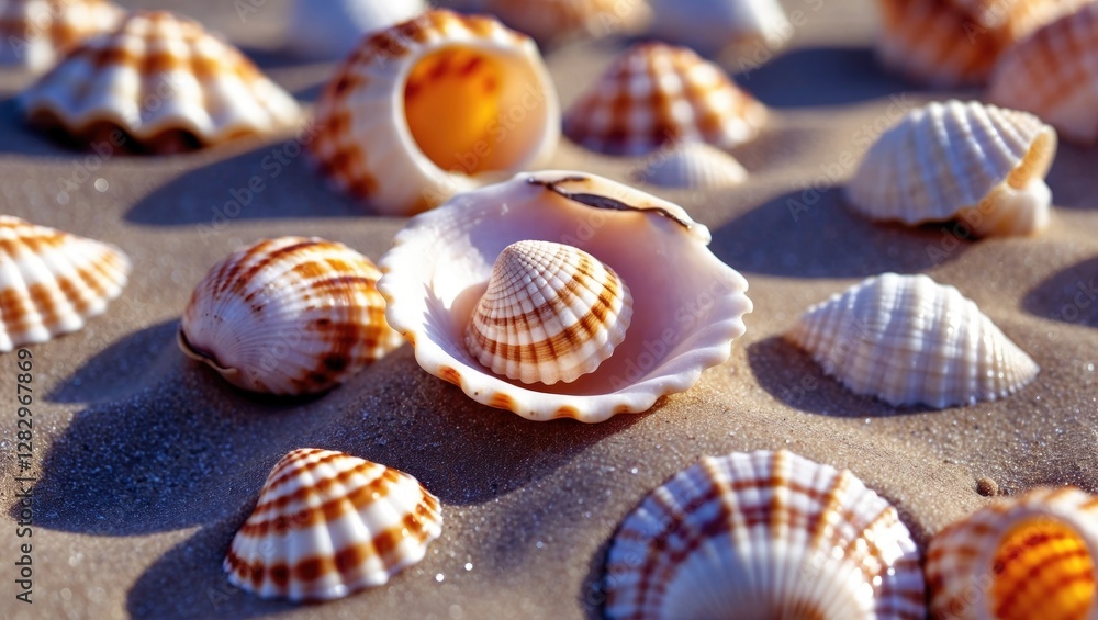 Aufkleber assorted seashells on sandy beach with sunlight highlighting textured patterns and colors of the she