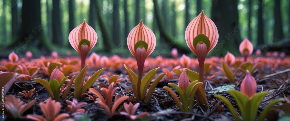Poster pink and green tropical flowers in a forest setting with soft focus on blurred background