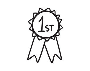 First place, winner reward, rosette hand drawn doodle icon. Medal number 1 icon Simple vector sign.