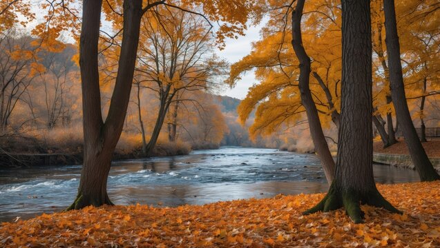 autumn landscape with colorful trees along a riverbank covered in fallen orange leaves during sunset light
