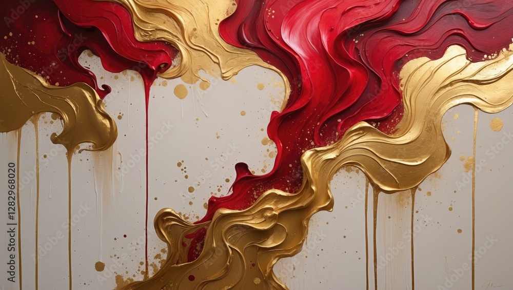 Poster abstract painting of fluid red and gold textures with drips on a neutral background showcasing dynam