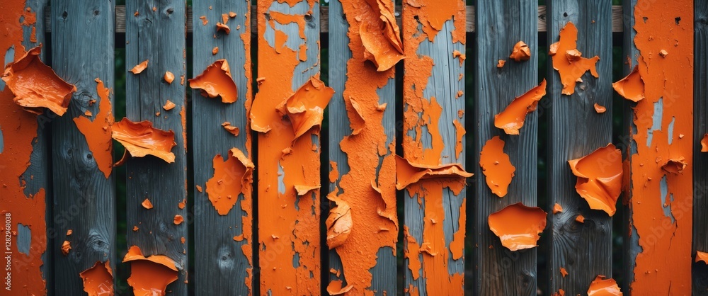 Poster peeling orange paint on weathered wooden planks creating a textured background in an abstract design