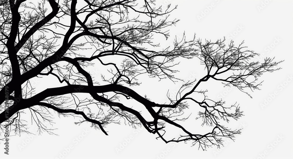 Poster silhouette of a bare tree branch with intricate twigs against a light background showcasing fine det
