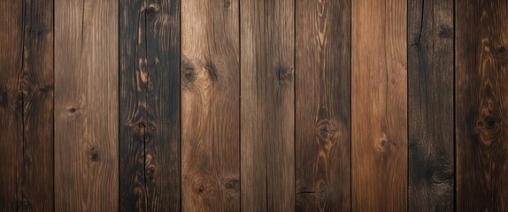 Fototapeta premium Wooden background texture with varying shades of brown and black featuring natural grain patterns and knots in the planks.