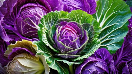 Fototapeta premium Variety of fresh colorful cabbages including purple and green textures in a close-up view