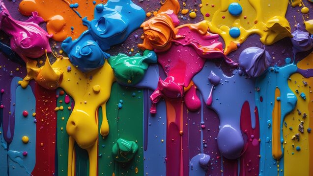 Abstract multicolored paint drips and splatters on a canvas background in vibrant hues of blue, yellow, pink, purple, and green.