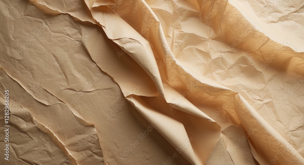 Poster textured crumpled beige paper background with folds and shadows creating depth and dimension
