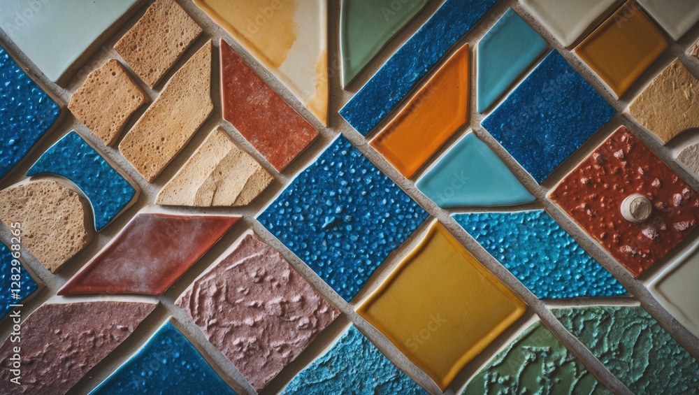 Poster colorful textured mosaic tile pattern background with various shapes and vibrant hues.
