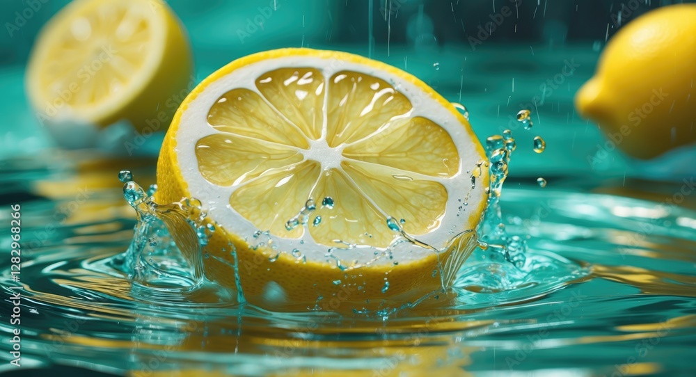 Poster fresh lemon slice splashing in water with droplets and blurred background making a vibrant and refre
