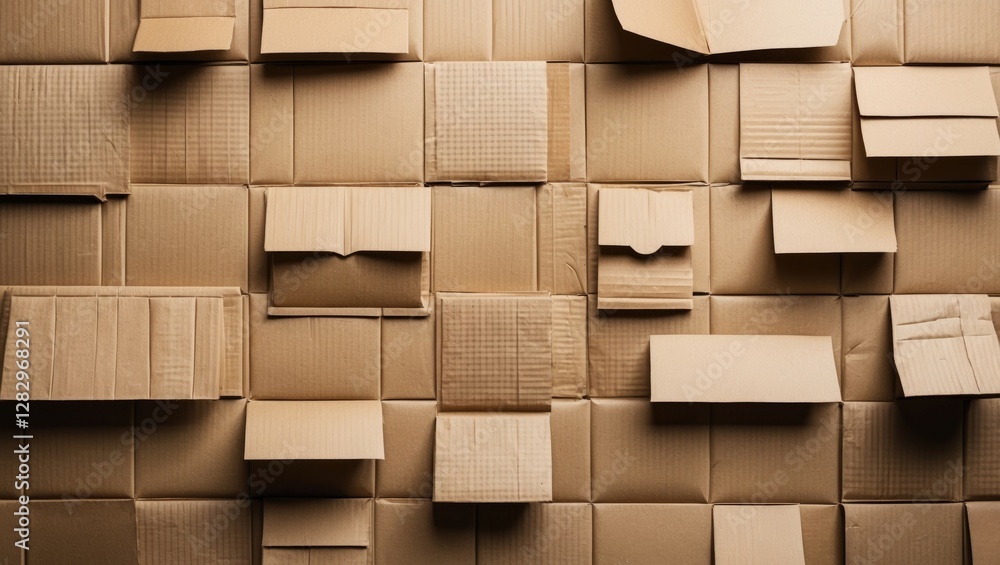 Poster brown cardboard boxes arranged on a wall in various sizes and orientations creating a textured backg