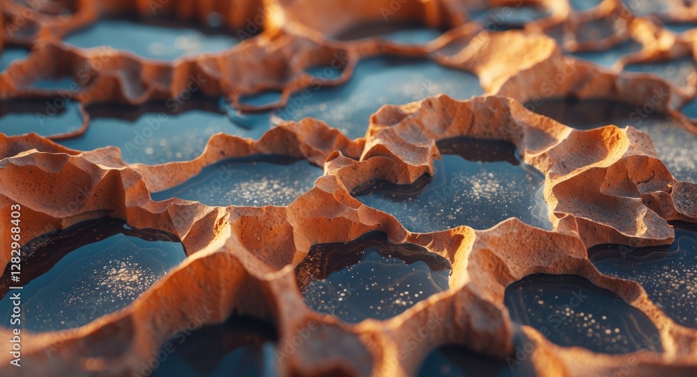 Poster abstract top view of textured terrain with water pools in crevices reflecting light and creating int