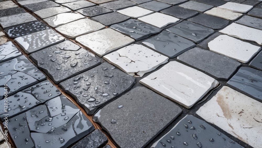 Aufkleber wet gray and white stone tiles arranged in a checkerboard pattern with water droplets on surface sho