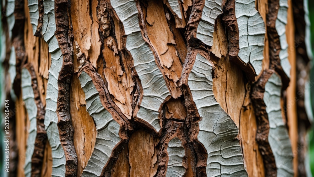 Poster close-up view of textured bark on tree trunk showing detailed patterns and color variations in wood 