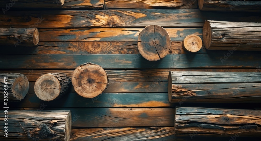 Poster wooden logs and planks arranged in an overlapping pattern with varying shades and textures creating 