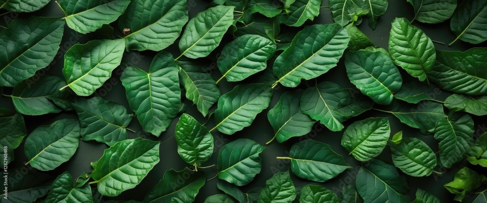 Poster dense arrangement of various green leaves on a dark background creating a natural texture and patter