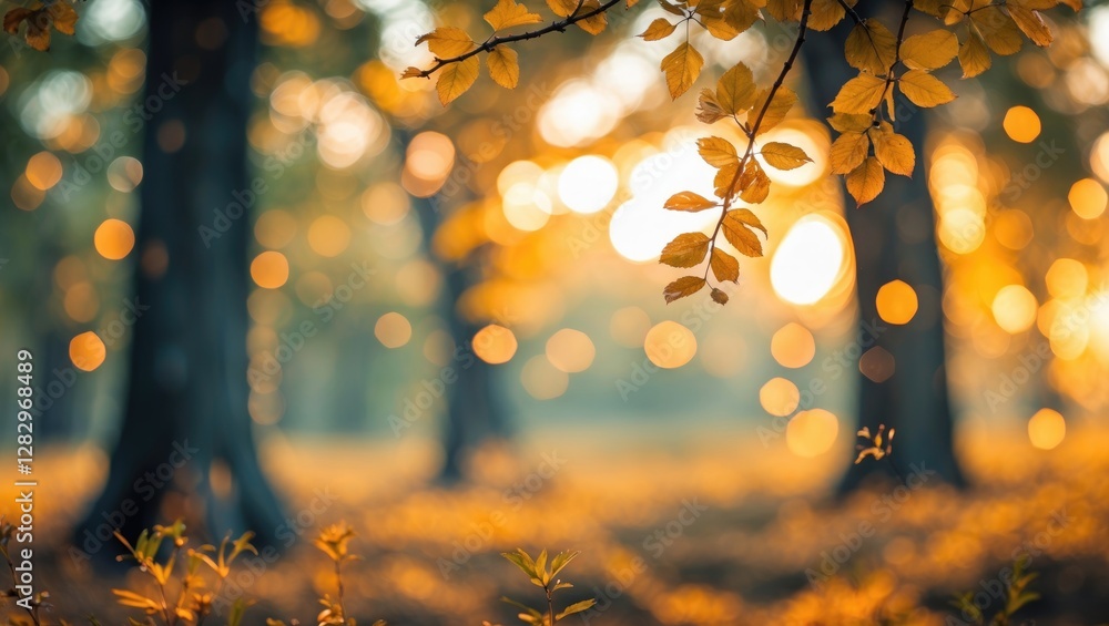 Aufkleber autumn forest scene with warm golden bokeh lights filtering through colorful foliage and trees in so