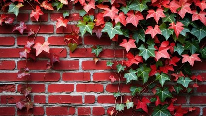 Red brick wall covered with vibrant green and red ivy leaves in natural sunlight.