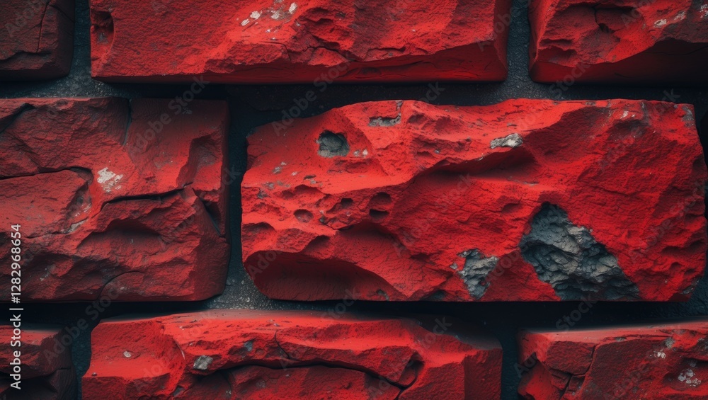 Poster close-up texture of weathered red bricks with rough surface details and uneven coloration forming a 