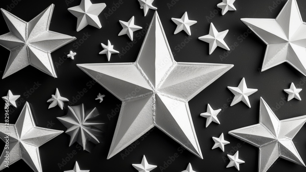 Poster silver decorative stars on a dark background arranged in various sizes and shapes for creative desig