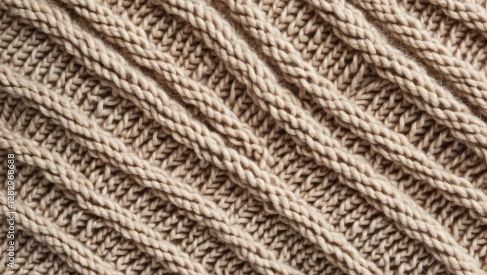 Poster textured knitted fabric close-up in beige color with diagonal ribbing pattern showcasing intricate c